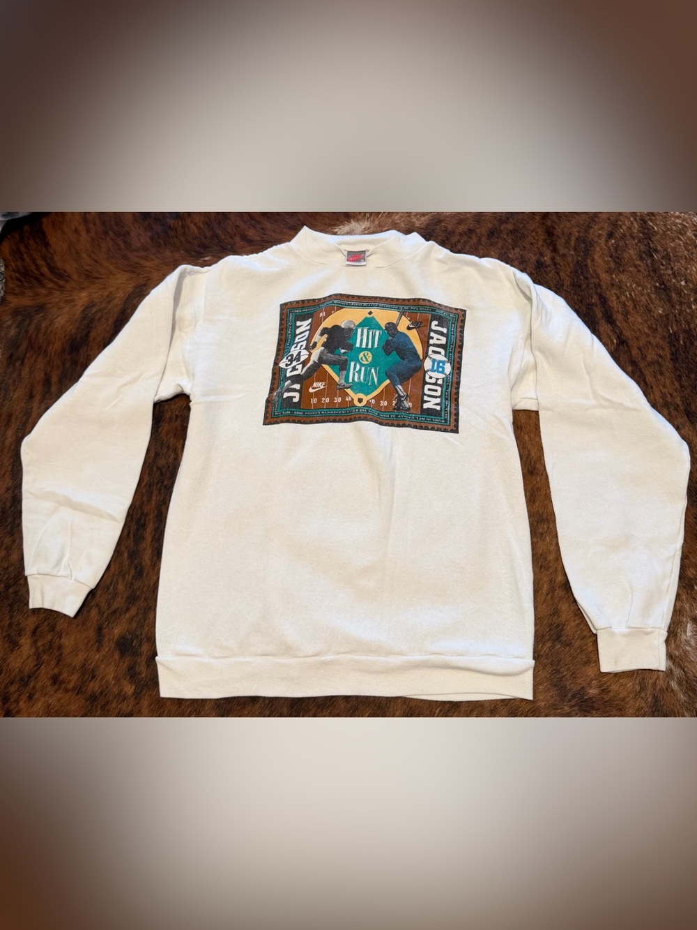 Vtg 80s Nike Bo Jackson Hit & Run Crewneck Sweatshirt White Mens Small Youth XL